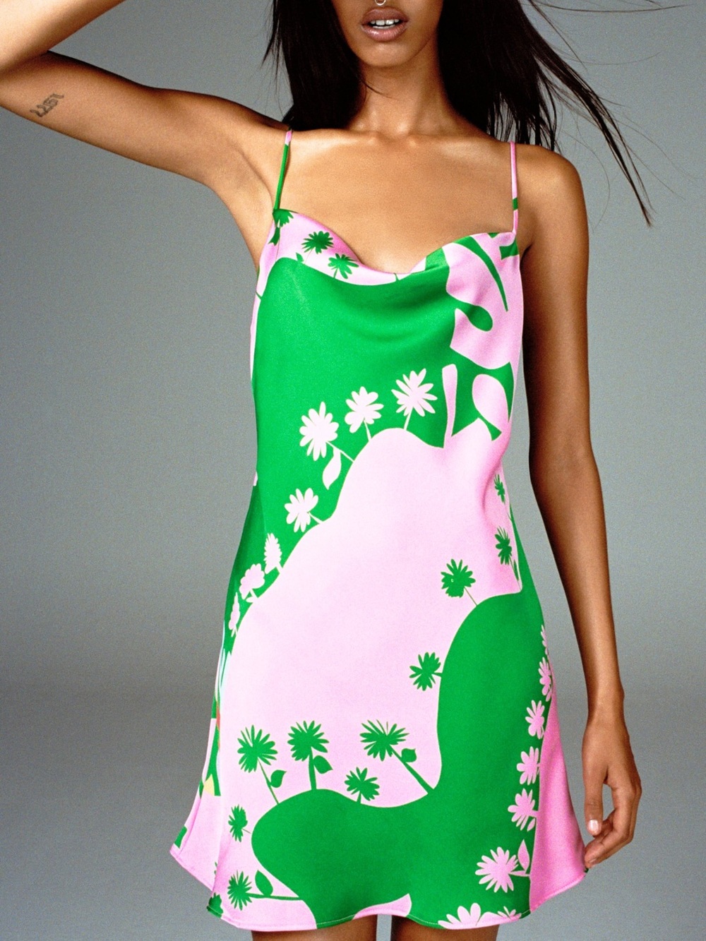 Zara Pink & Green Floral Mini Satin Slip Dress  Sz S
